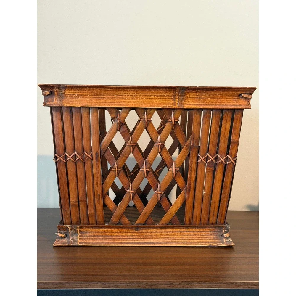 Vintage Bamboo Lattice Storage Crate Dark Brown Woven Basket Handles 15x9x12